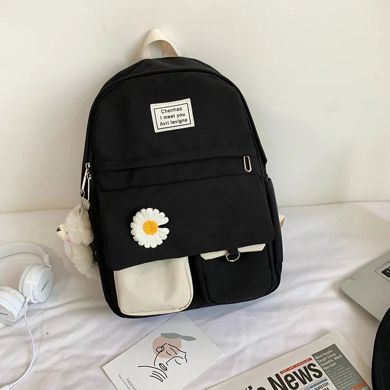 Nylon Backpack with Doll Pendant for Teenage Girls