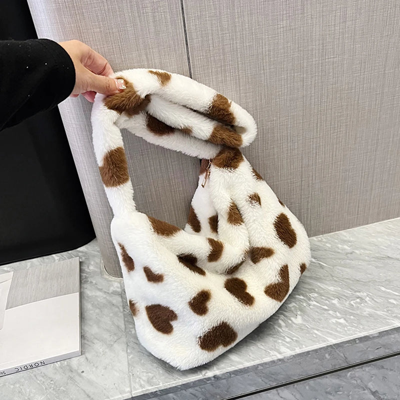 Flower Print Underarm Bag Soft Plush Pink Heart Shoulder Tote Warm Fluffy