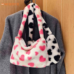Flower Print Underarm Bag Soft Plush Pink Heart Shoulder Tote Warm Fluffy