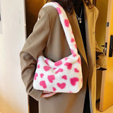 Flower Print Underarm Bag Soft Plush Pink Heart Shoulder Tote Warm Fluffy