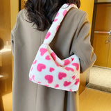 Flower Print Underarm Bag Soft Plush Pink Heart Shoulder Tote Warm Fluffy