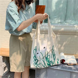 Women Canvas Shoulder Bag Orchid Printing Casual Handbag Tote Bag
