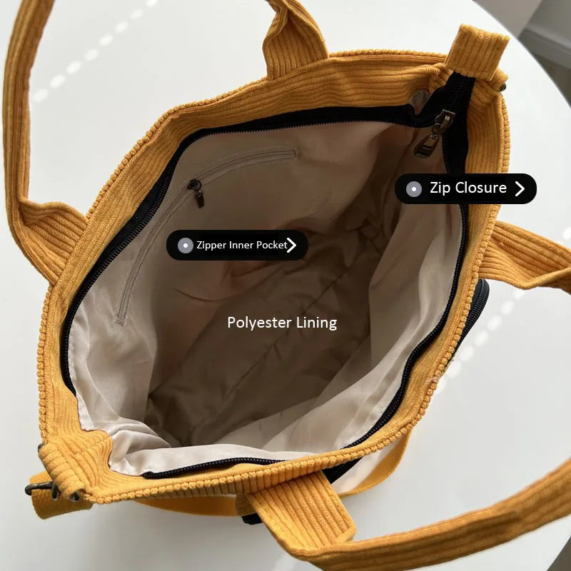 Women Corduroy Shoulder Tote Handbag Canvas Messenger Zipper Bag