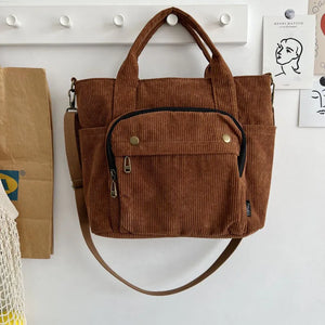 Women Corduroy Shoulder Tote Handbag Canvas Messenger Zipper Bag
