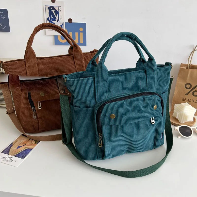 Women Corduroy Shoulder Tote Handbag Canvas Messenger Zipper Bag