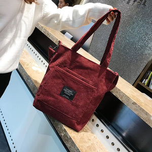 Women Corduroy Zipper Shoulder Bag Casual Tote