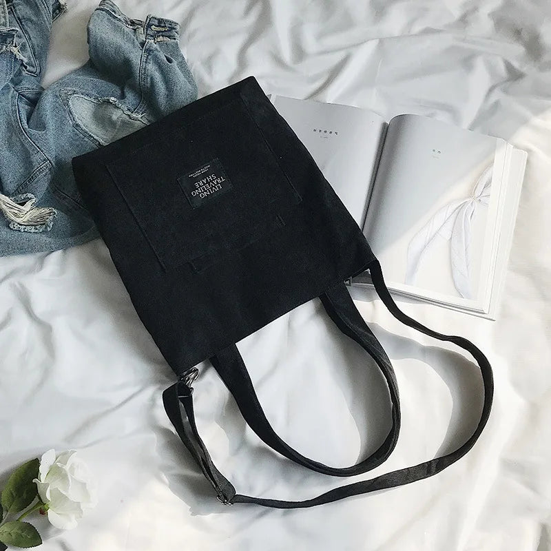 Women Corduroy Zipper Shoulder Bag Casual Tote