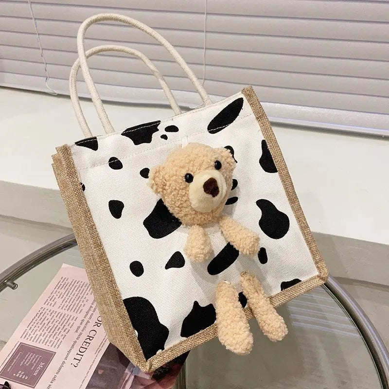 Embroidery Bear Handbag Soft Plush Tote Cloth Shopper Bags Eco Shoulder Bag