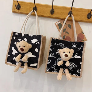 Embroidery Bear Handbag Soft Plush Tote Cloth Shopper Bags Eco Shoulder Bag