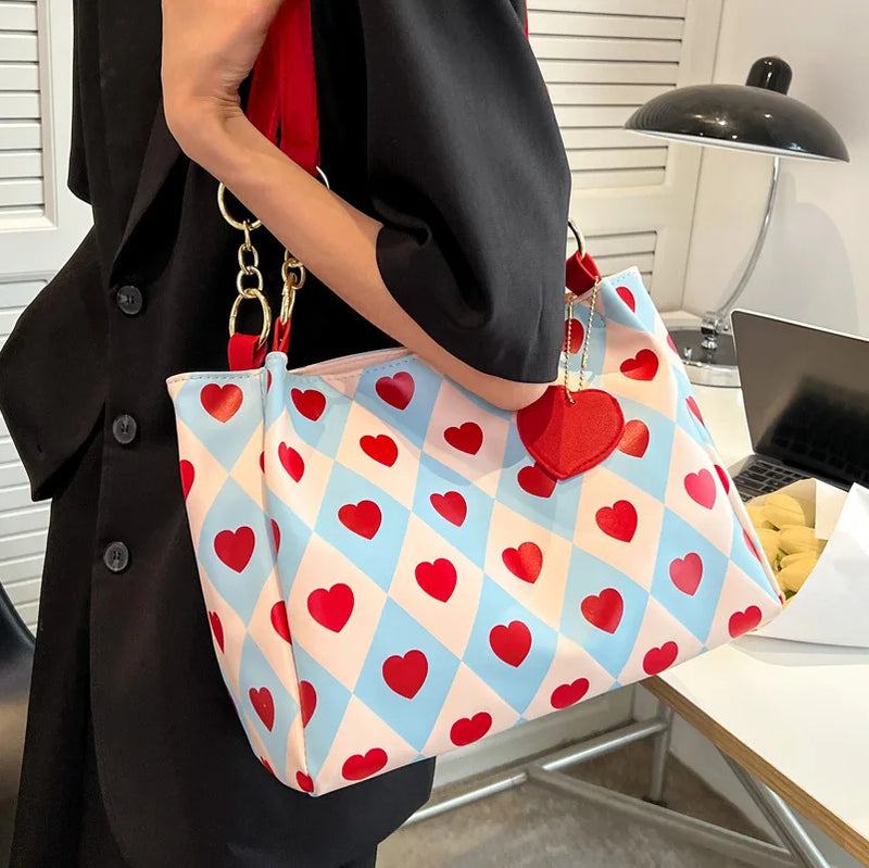 Printed Hearts Leather Handbag Lovely Style Women Shoulder Bag