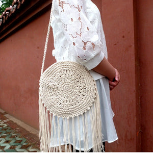 Women Round Tassel Crossbody Shoulder Bag Summer Straw Messenger Bags