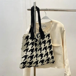 Houndstooth Print Shoulder Bag Knitting Handbag Tote Bag