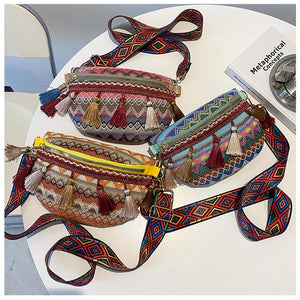 Women Waist Bags Fringed Woven Shoulder Bag Ethnic Crossbody Bag