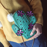 Embroidered Flower Mini Chain Shoulder Bag Green Cactus Shape