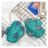 Embroidered Flower Mini Chain Shoulder Bag Green Cactus Shape