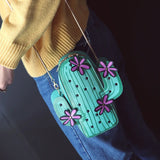 Embroidered Flower Mini Chain Shoulder Bag Green Cactus Shape