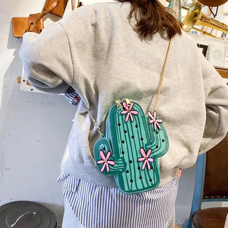 Embroidered Flower Mini Chain Shoulder Bag Green Cactus Shape