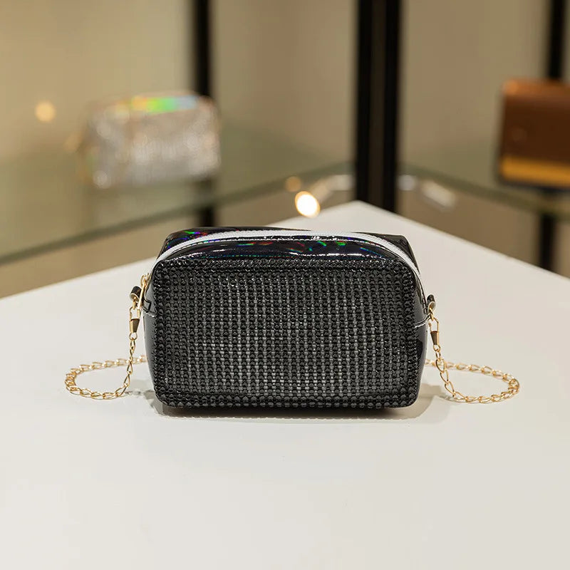 Women's Cosmetic Bag Chain Messenger Crossbody Bag Small Square Shining Diamond