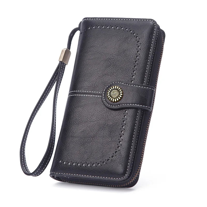 Women's Retro Oil Wax Wallet PU Hollow Zipper Wallet