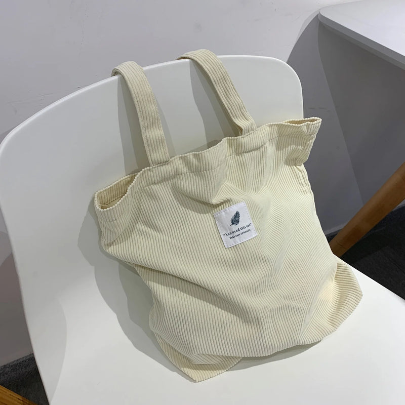 Women's Canvas Shopper Shoulder Bag with Corduroy Material