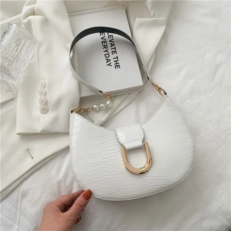 Women's Croc Embossed PU Leather Half Round Shoulder Bag