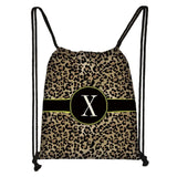 Leopard Print Backpack Drawstring Bag with Initials Letter Travel Bags