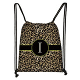 Leopard Print Backpack Drawstring Bag with Initials Letter Travel Bags