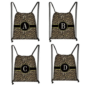 Leopard Print Backpack Drawstring Bag with Initials Letter Travel Bags