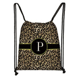 Leopard Print Backpack Drawstring Bag with Initials Letter Travel Bags