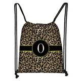 Leopard Print Backpack Drawstring Bag with Initials Letter Travel Bags