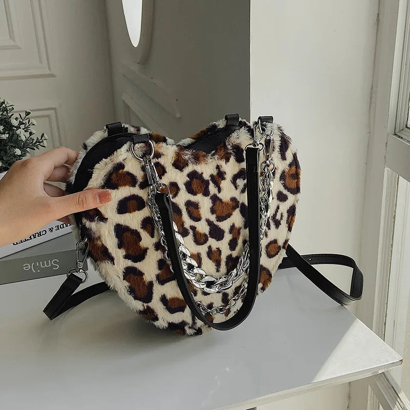 Autumn Korean Plush Love Shape Box Bag Leopard Shoulder Messenger Bag