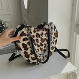 Autumn Korean Plush Love Shape Box Bag Leopard Shoulder Messenger Bag