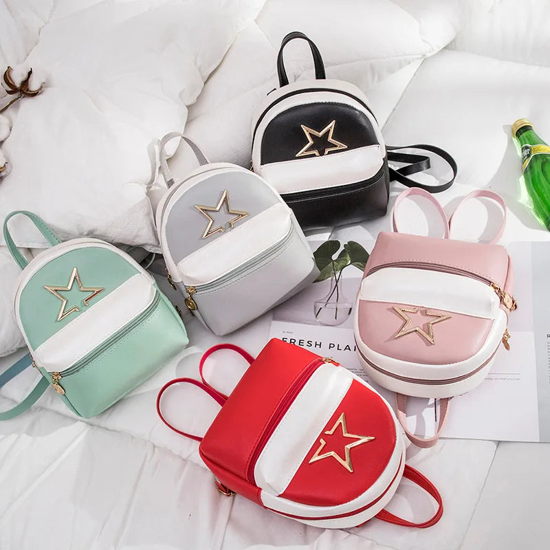 PU Female College Backpack with Star Decoration Patchwork Bag