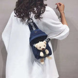 Denim Canvas Diagonal Chest Bag with Plush Doll