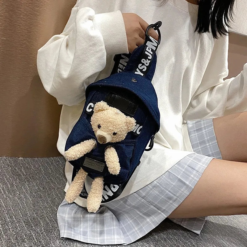 Denim Canvas Diagonal Chest Bag with Plush Doll