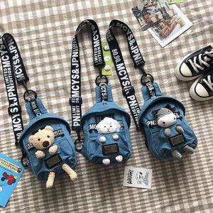Denim Canvas Diagonal Chest Bag with Plush Doll