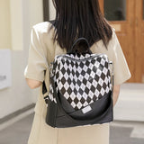 Women's Leather Rhombus Print Large Capacity Travel Backpack