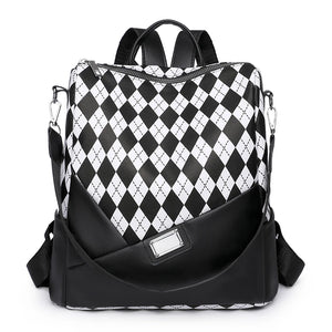 Women's Leather Rhombus Print Large Capacity Travel Backpack