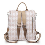 Women's Leather Rhombus Print Large Capacity Travel Backpack