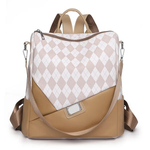Women's Leather Rhombus Print Large Capacity Travel Backpack