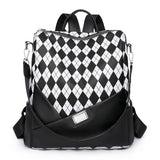 Women's Leather Rhombus Print Large Capacity Travel Backpack