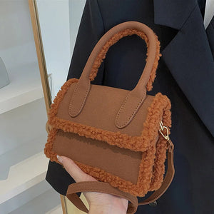 Women Scrub Leather Shoulder Bag Lambswool Crossbody Bag