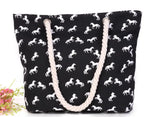 Canvas Shoulder Beach Bag Horse Print Casual Tote Fringed Shopping Bag