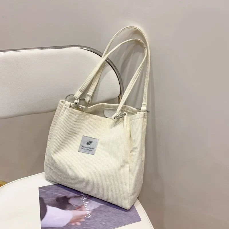 Corduroy Shoulder Bag for Women Cotton Handbag Eco Shopping Totes Bags