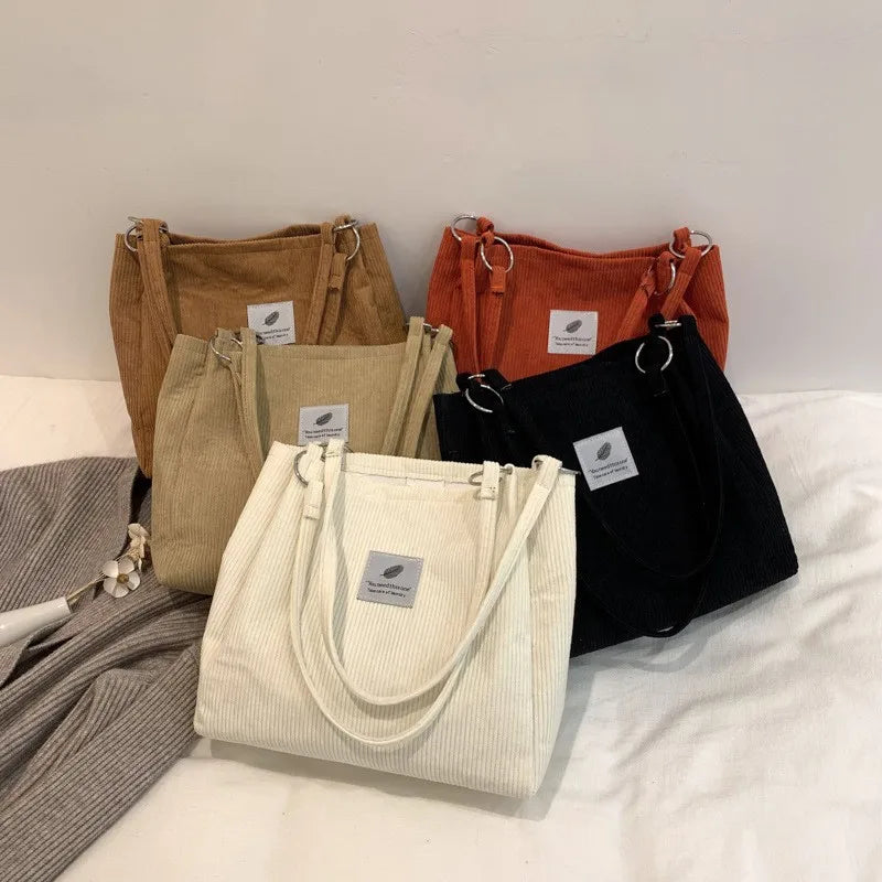 Corduroy Shoulder Bag for Women Cotton Handbag Eco Shopping Totes Bags