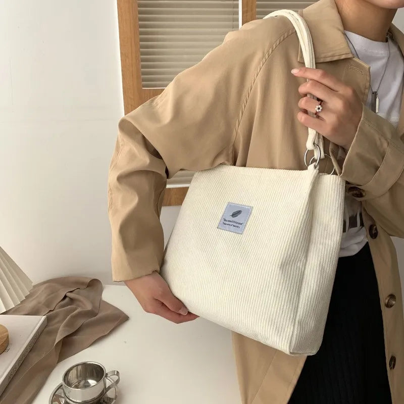 Corduroy Shoulder Bag for Women Cotton Handbag Eco Shopping Totes Bags
