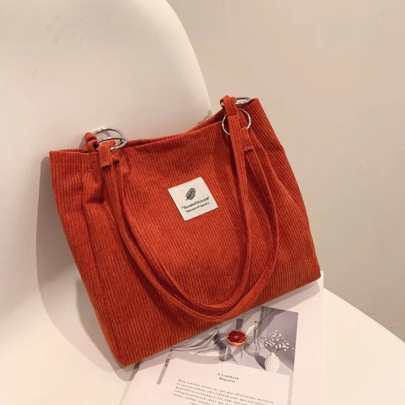 Corduroy Shoulder Bag for Women Cotton Handbag Eco Shopping Totes Bags