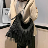 Women Faux Suede Tassel Shoulder Bags Retro Female Soft Large Capacity Handbags