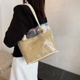 Clear Straw Beach Shoulder Bags PVC Jelly Tote Bags Large Weave Handba