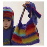 Rainbow Stripe Shoulder Shopping Bag Vintage Female Handbag
